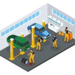 isometric car repair service template with professional workers uniform changing tires garage isolated 1284 38974