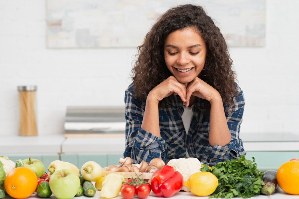 portrait smiling woman looking vegetables 23 2148332134